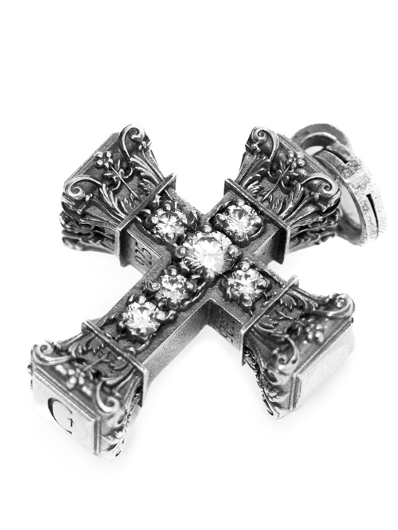 Floral Cross Pendant, Natural Diamonds