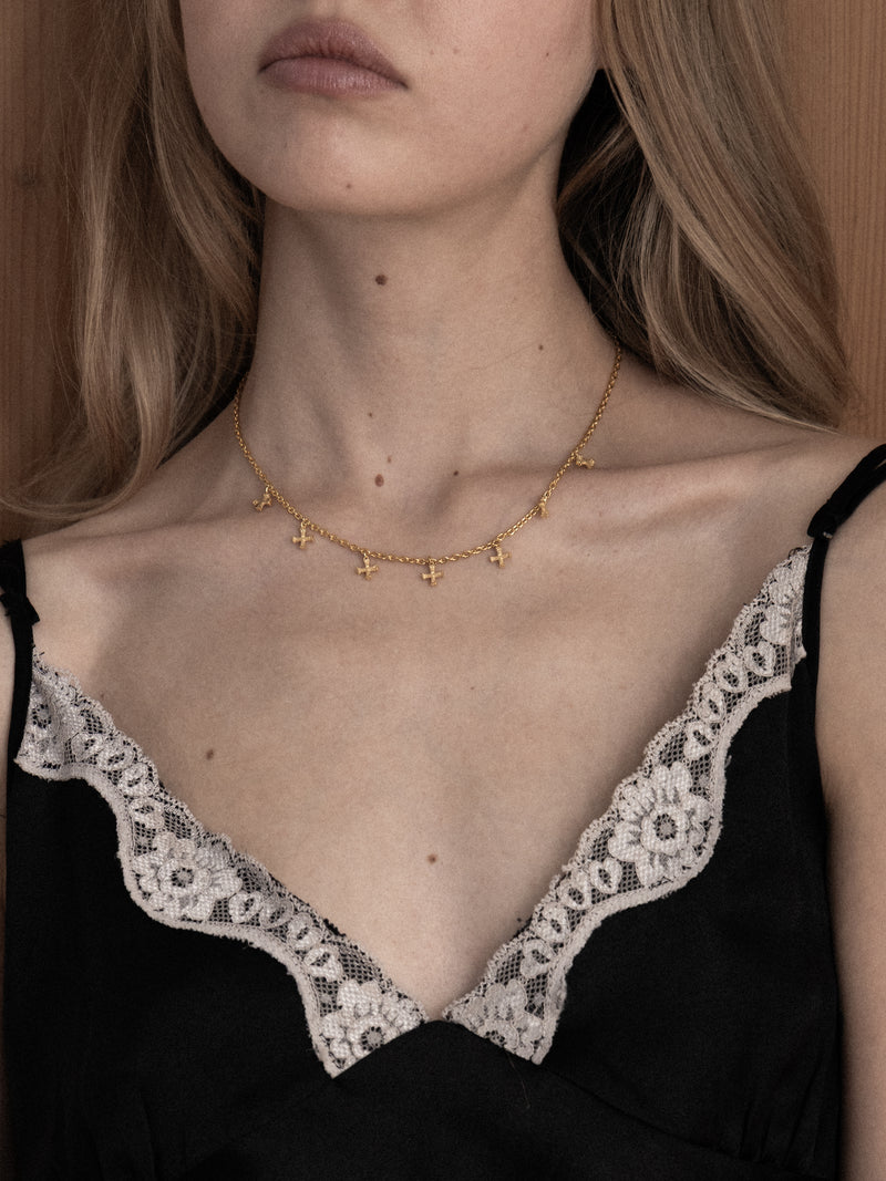 Tiny Crucifix Necklace, 7 Motifs, 18K gold